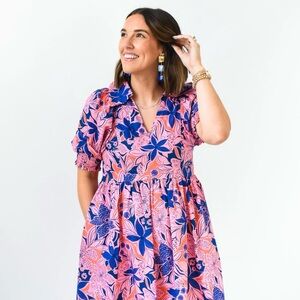 Karlie Floral Poplin Puff Sleeve Collar Dress -M